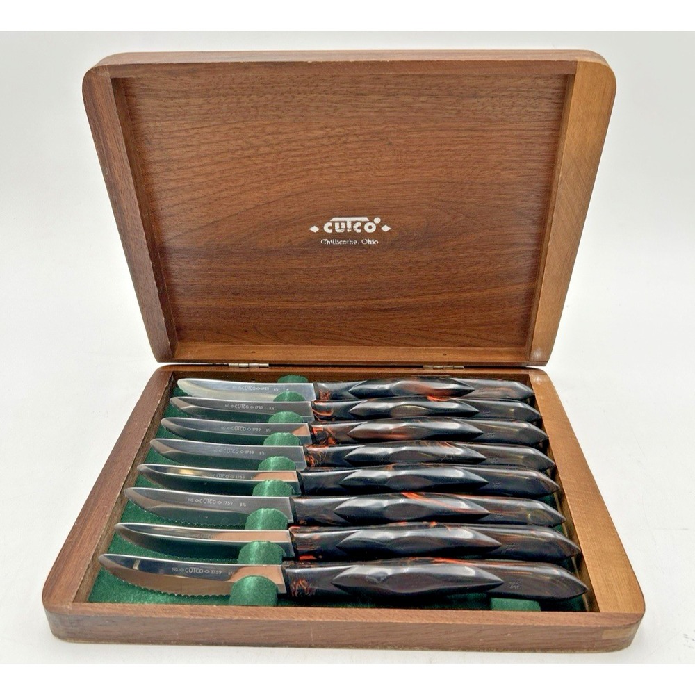 Vintage Cutco serrated Steak Knives #1759 Set Of 8 C77 Brown Orange Swirl Handle